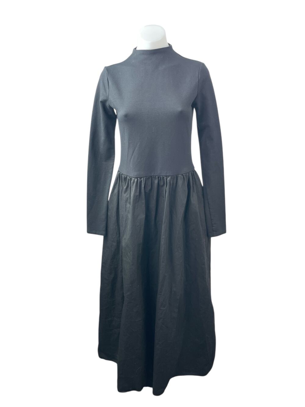 Marcella Women's Black Long Sleeve Mock Neck Pleated Fit & Flare Maxi Dress Sz M